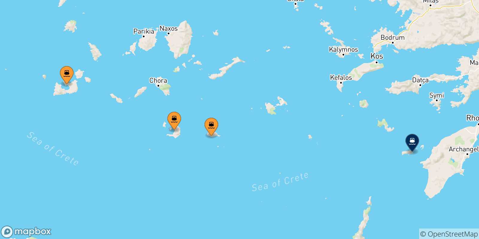 Mappa delle possibili rotte tra le Isole Cicladi e Chalki