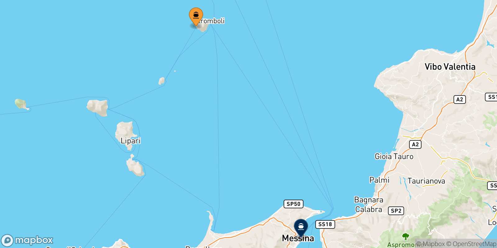 Mappa della rotta Ginostra (Stromboli) Messina