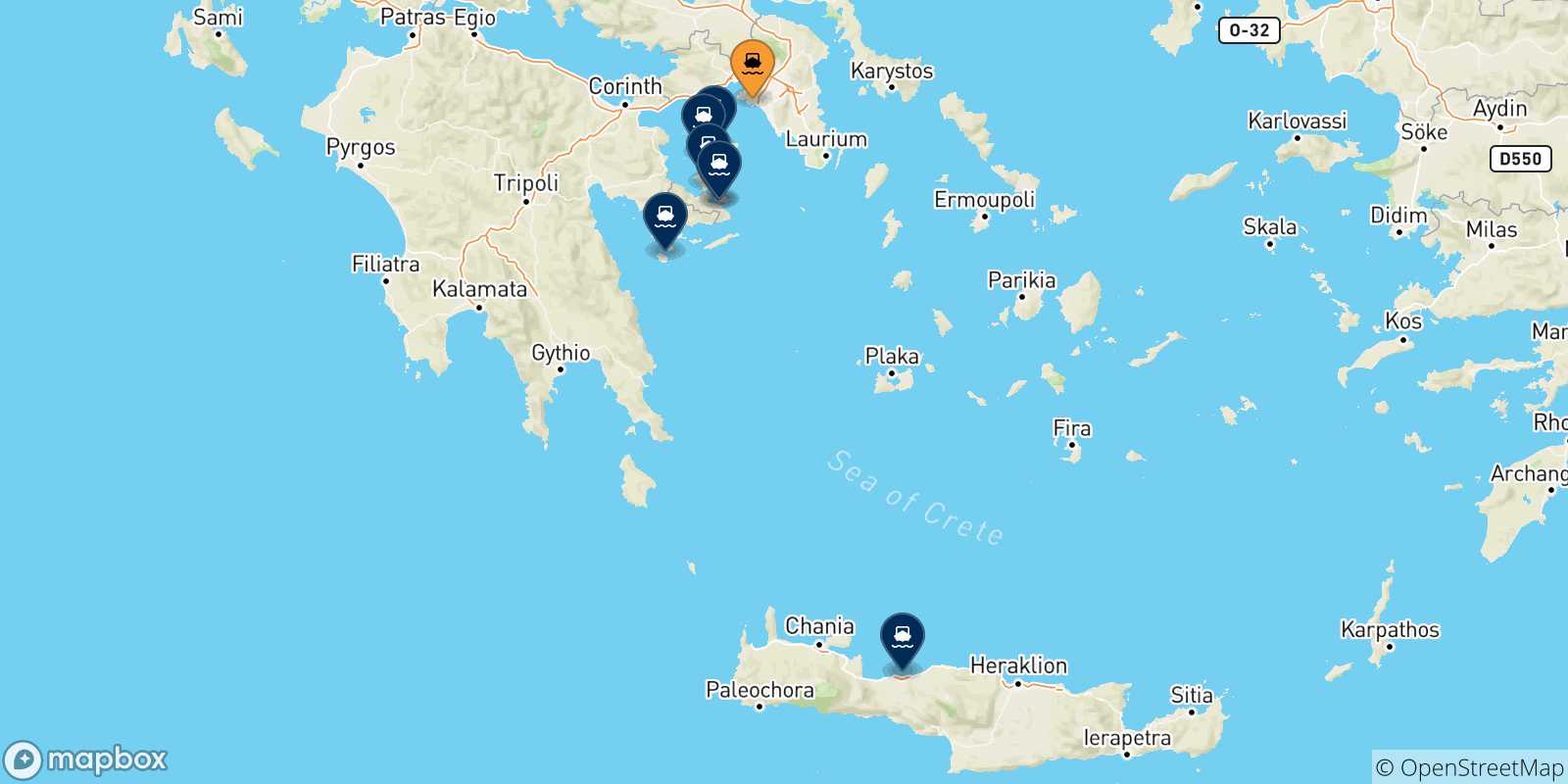 Mappa delle possibili rotte tra Pireo e le Isole Saroniche