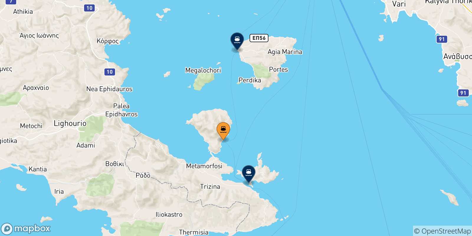 Mappa delle possibili rotte tra Methana e le Isole Saroniche