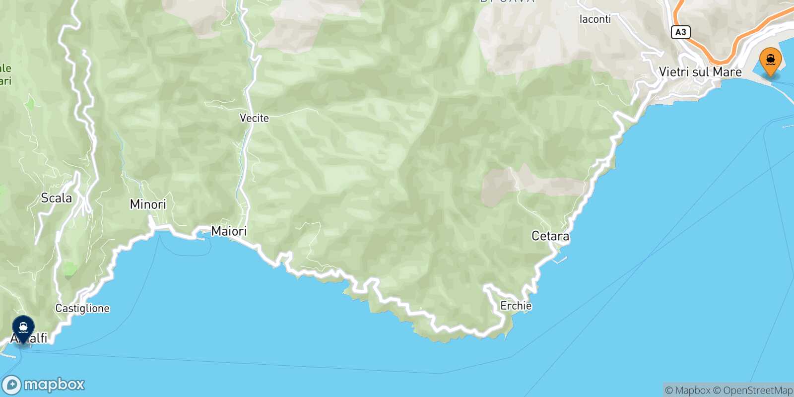 Mappa della rotta Salerno Amalfi
