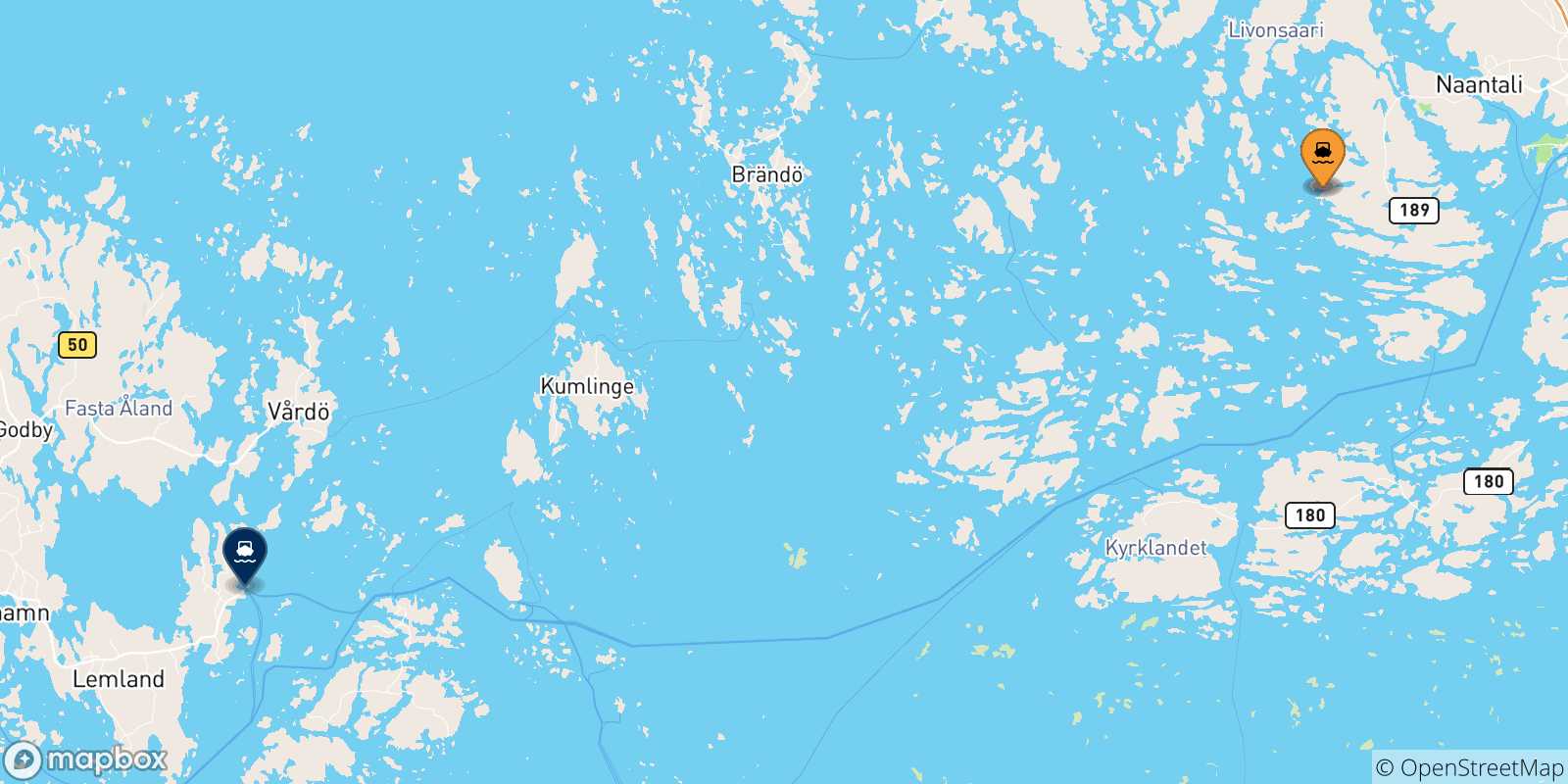 Mappa delle possibili rotte tra la Finlandia e Långnäs