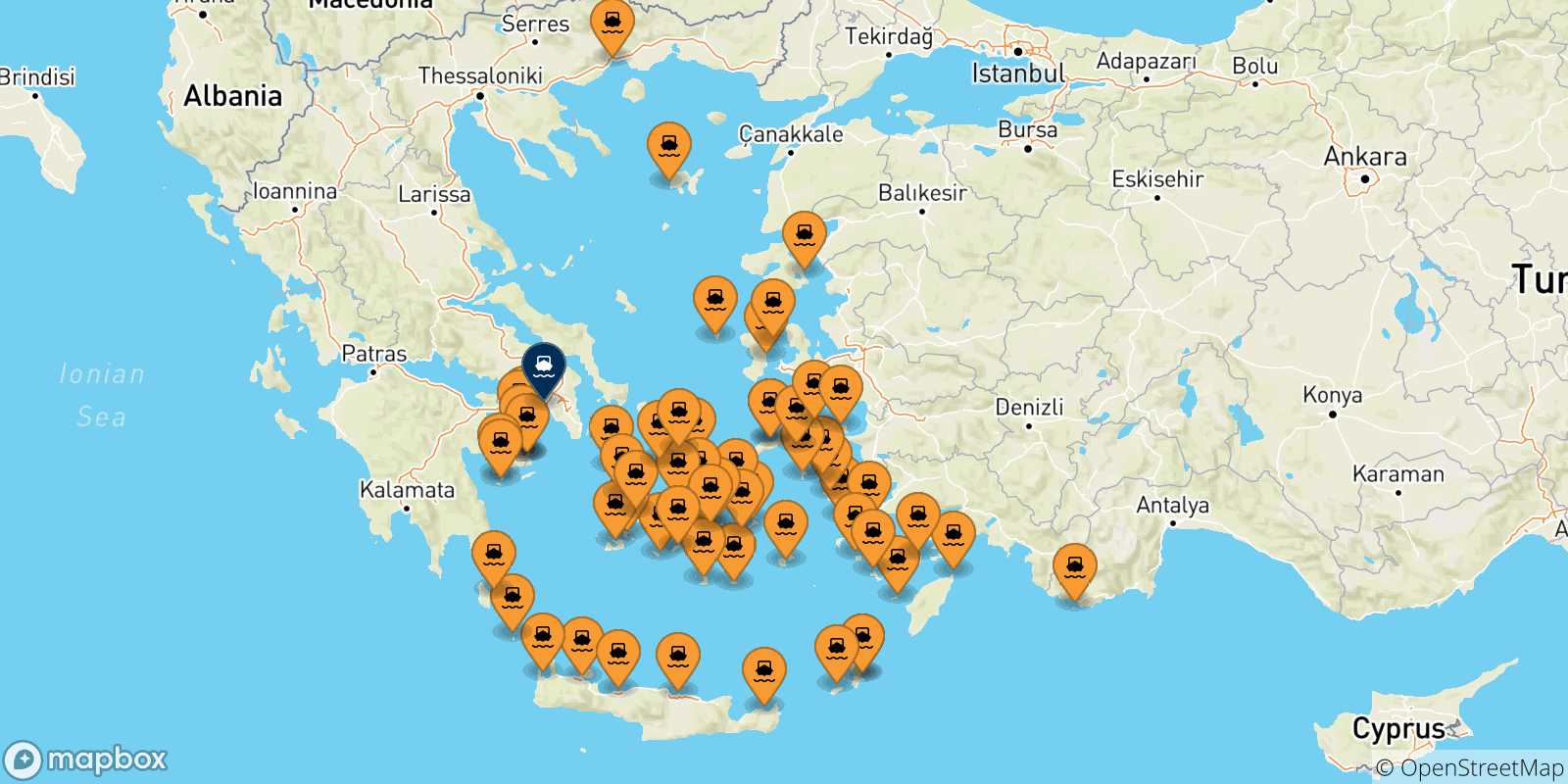 Mappa delle possibili rotte tra la Grecia e Pireo