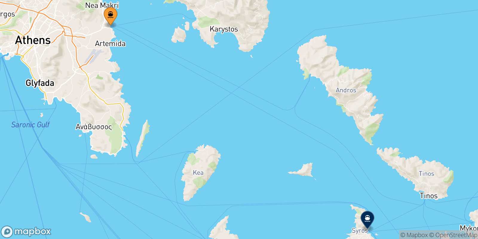 Mappa della rotta Rafina Syros