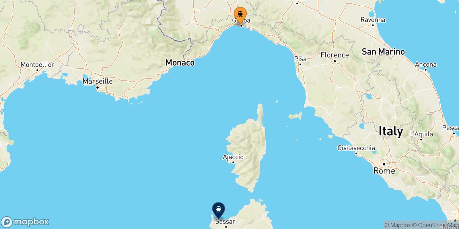 Mappa della rotta Genova Porto Torres