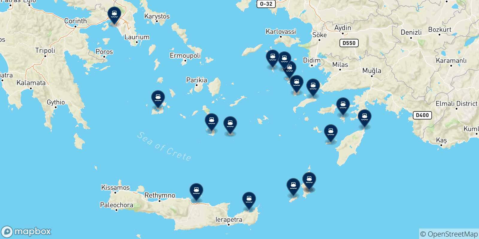 Mappa delle possibili rotte tra Karpathos e la Grecia