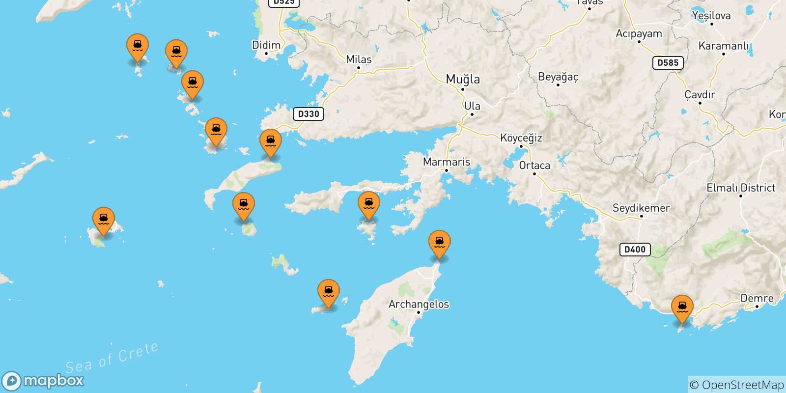 Mappa delle possibili rotte tra le Isole Dodecaneso e Tilos
