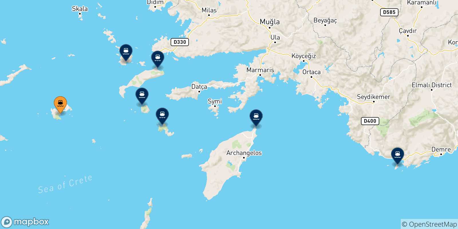 Mappa delle possibili rotte tra Astypalea e le Isole Dodecaneso