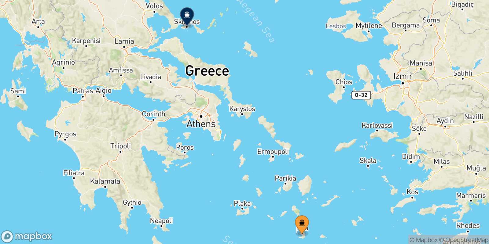 Mappa delle destinazioni raggiungibili da Santorini