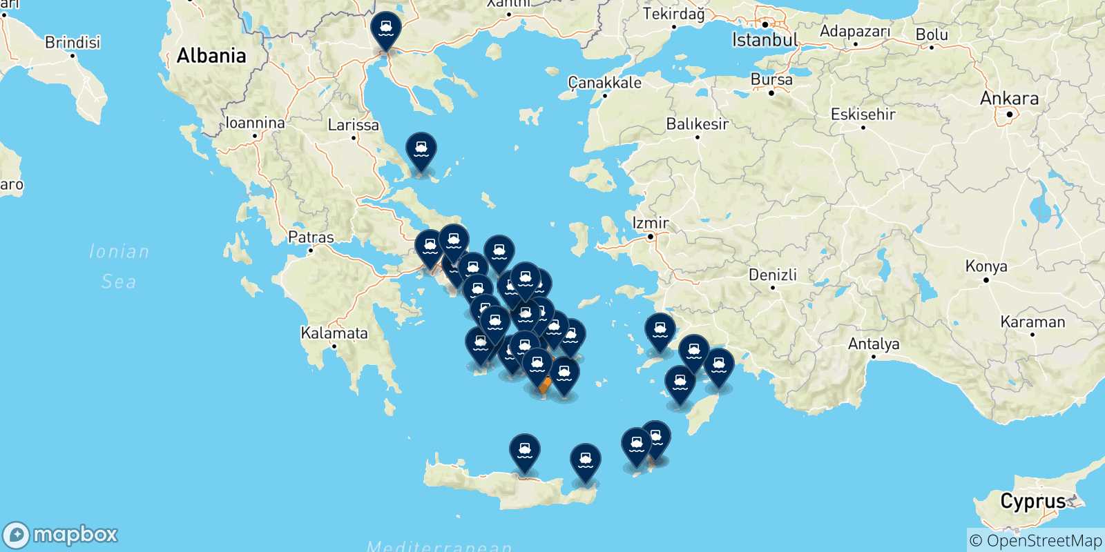 Mappa delle possibili rotte tra Santorini e la Grecia
