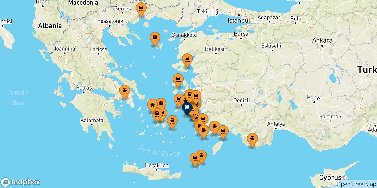 Mappa delle possibili rotte tra la Grecia e Patmos