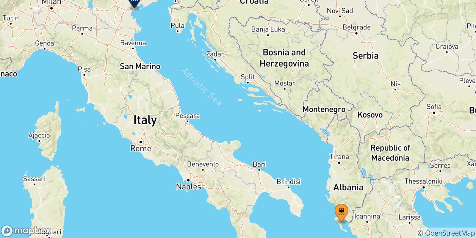 Mappa delle possibili rotte tra le Isole Ionie e Venezia