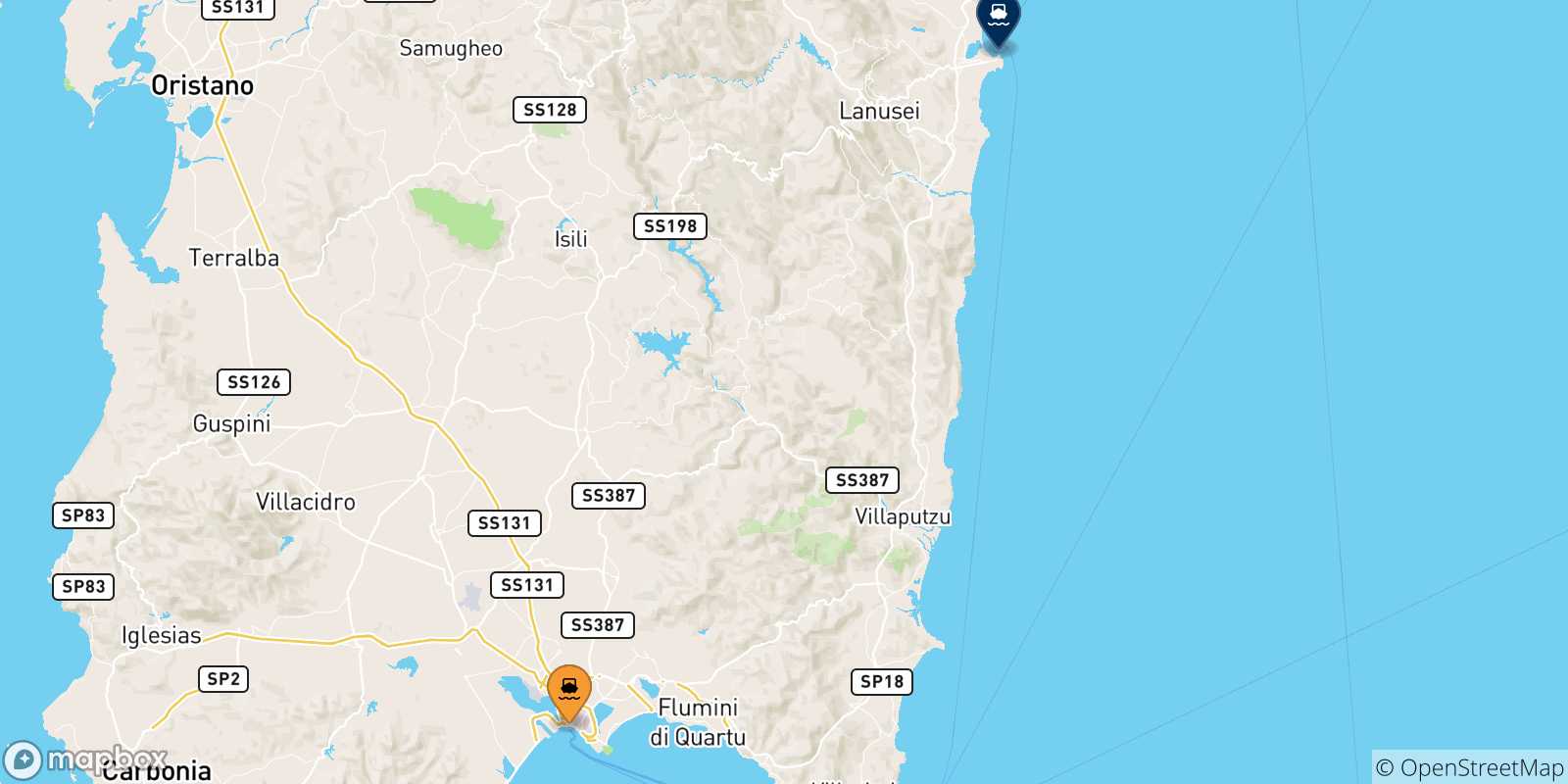 Mappa delle possibili rotte tra Cagliari e la Sardegna