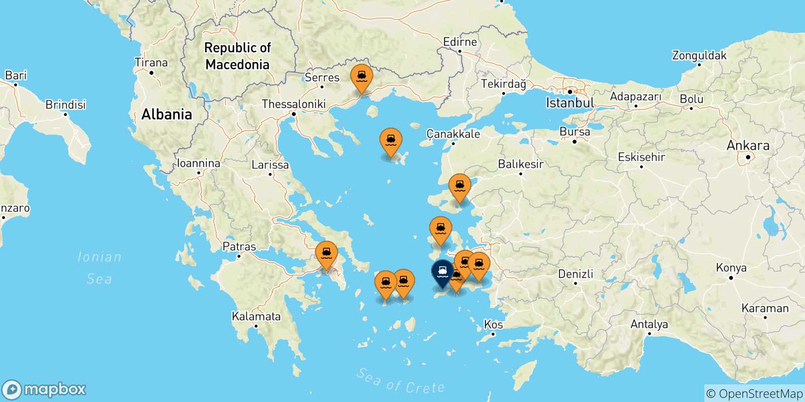 Mappa delle possibili rotte tra la Grecia e Evdilos (Ikaria)