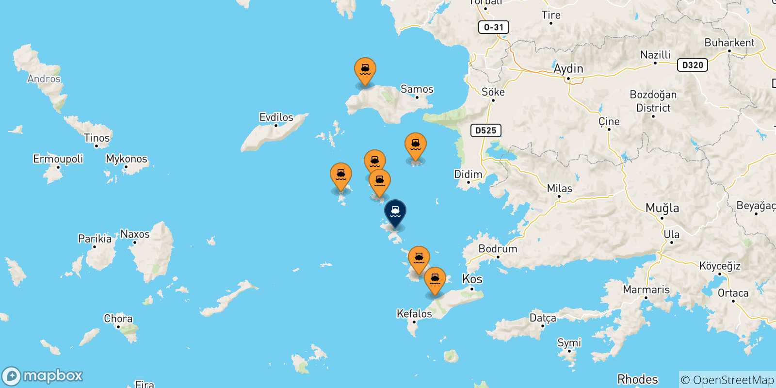 Mappa delle possibili rotte tra la Grecia e Agia Marina (Leros)