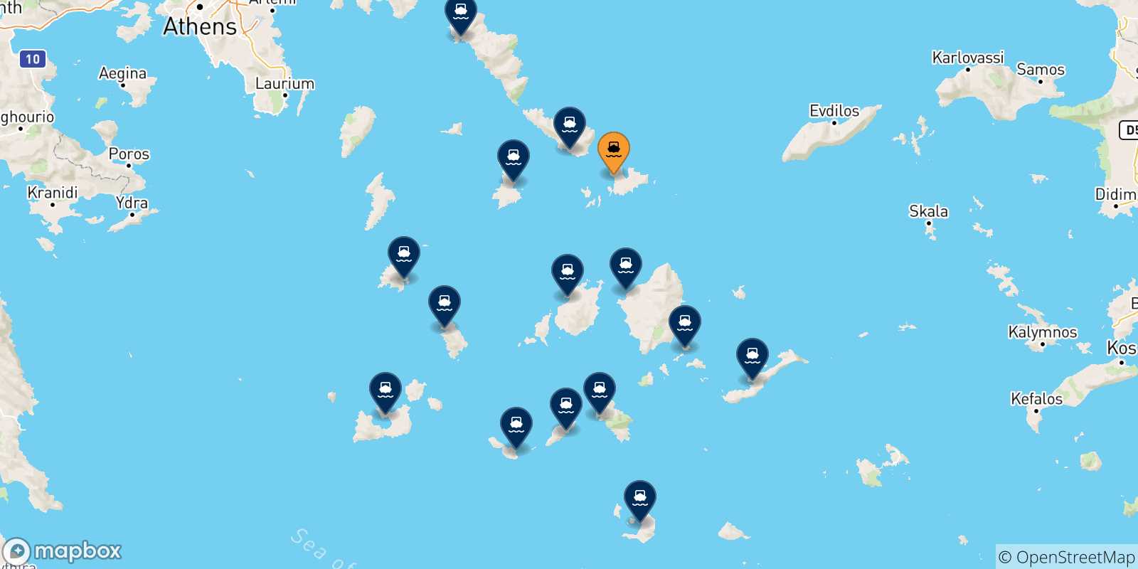 Mappa delle possibili rotte tra Mykonos e le Isole Cicladi