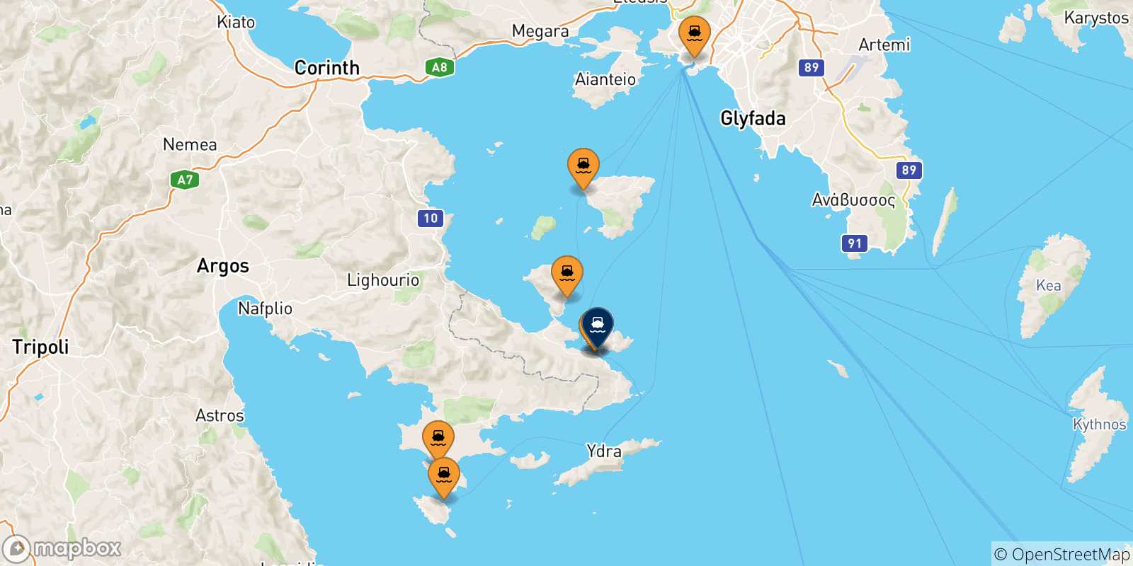 Mappa delle possibili rotte tra la Grecia e Poros