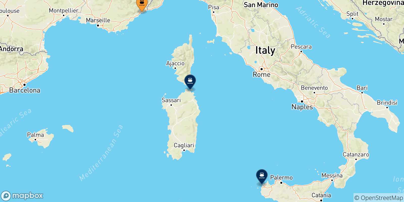 Mappa delle possibili rotte tra Nizza e l'Italia