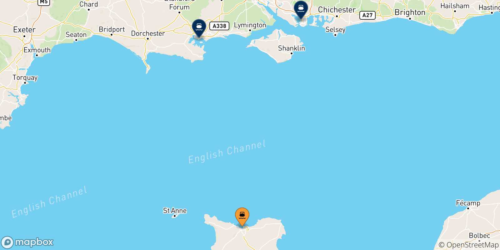 Mappa delle possibili rotte tra Cherbourg e l'Inghilterra