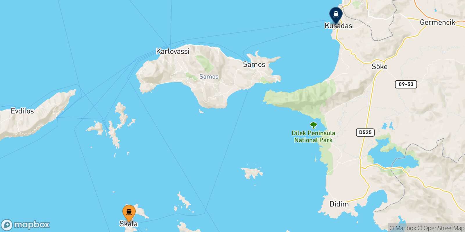 Mappa della rotta Patmos Kusadasi