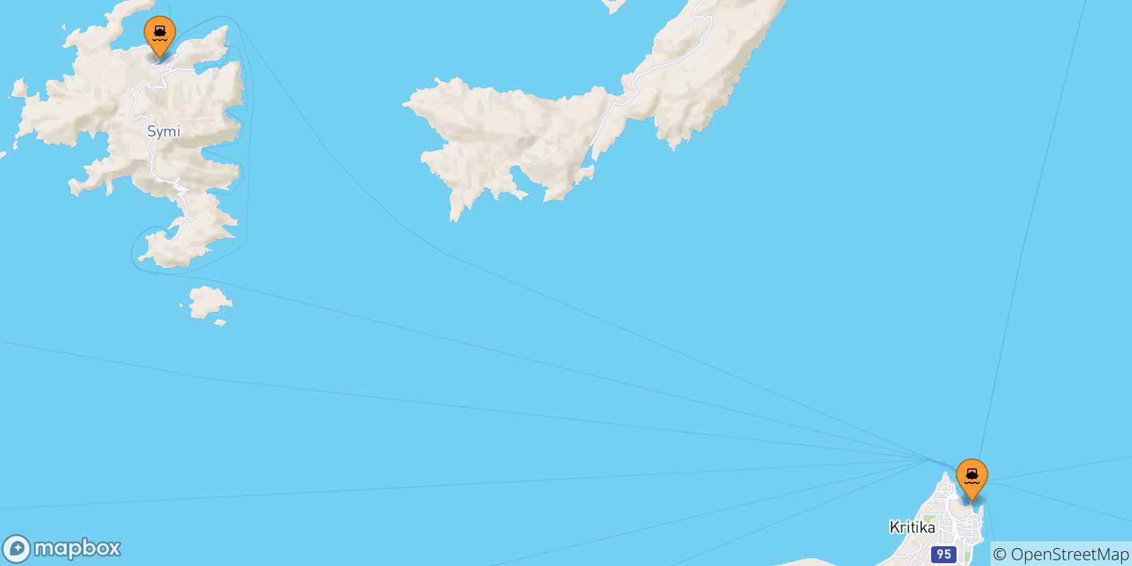 Mappa delle possibili rotte tra le Isole Dodecaneso e Datca