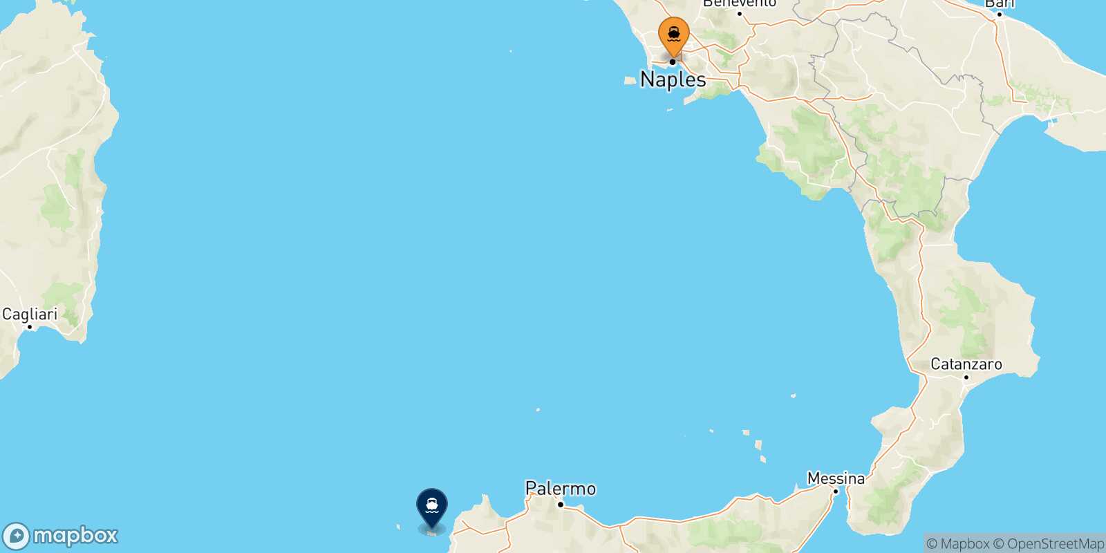 Mappa della rotta Napoli Beverello Favignana