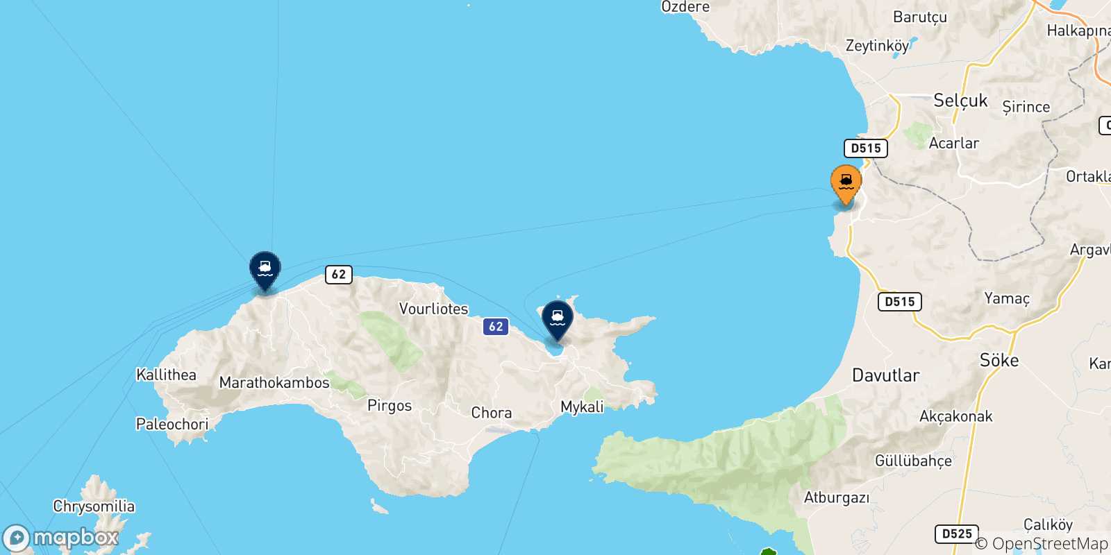 Mappa delle possibili rotte tra Kusadasi e le Isole Egeo Nord Orientale
