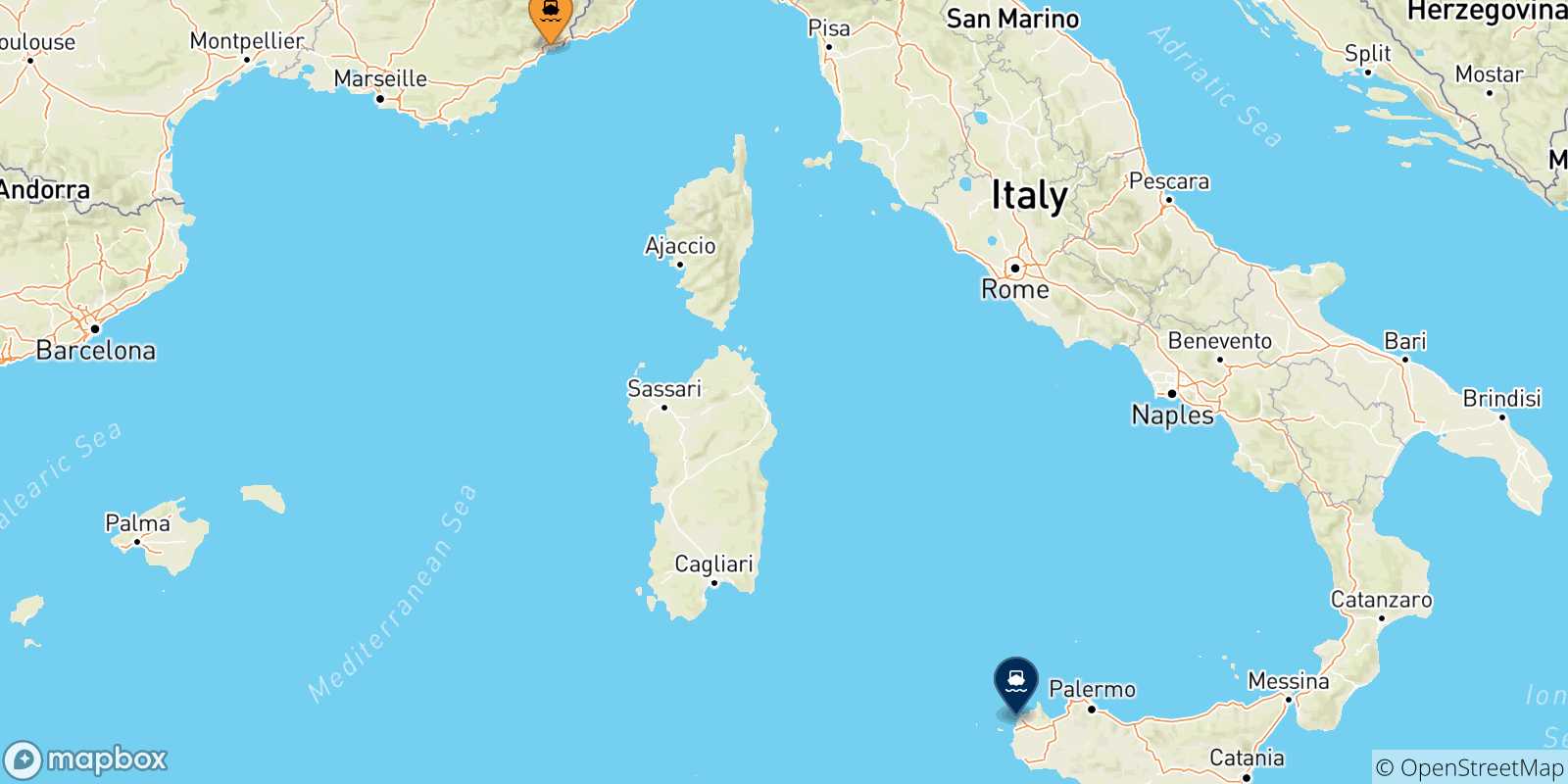 Mappa delle possibili rotte tra Nizza e la Sicilia