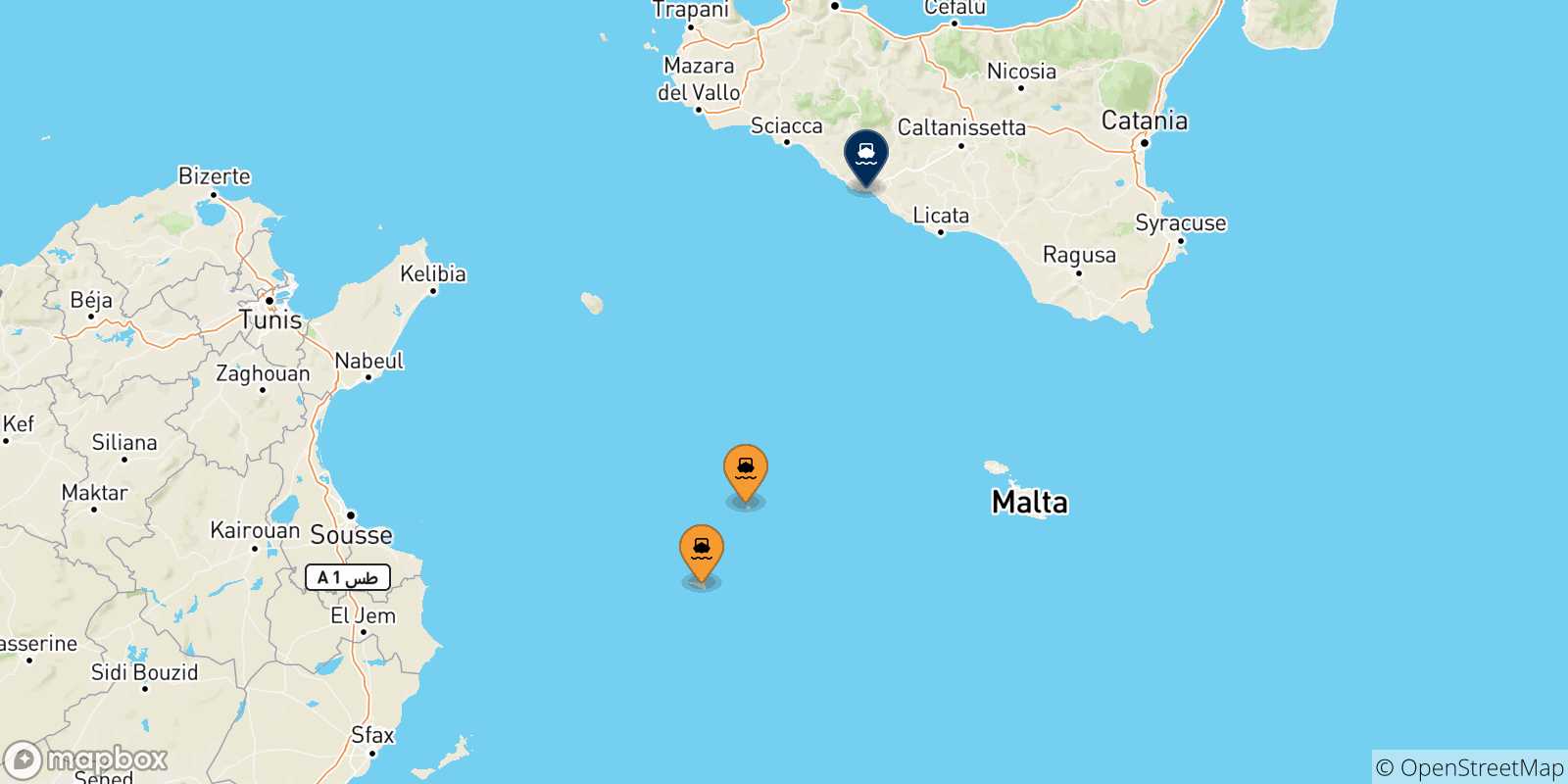 Mappa delle possibili rotte tra le Isole Pelagie e Porto Empedocle
