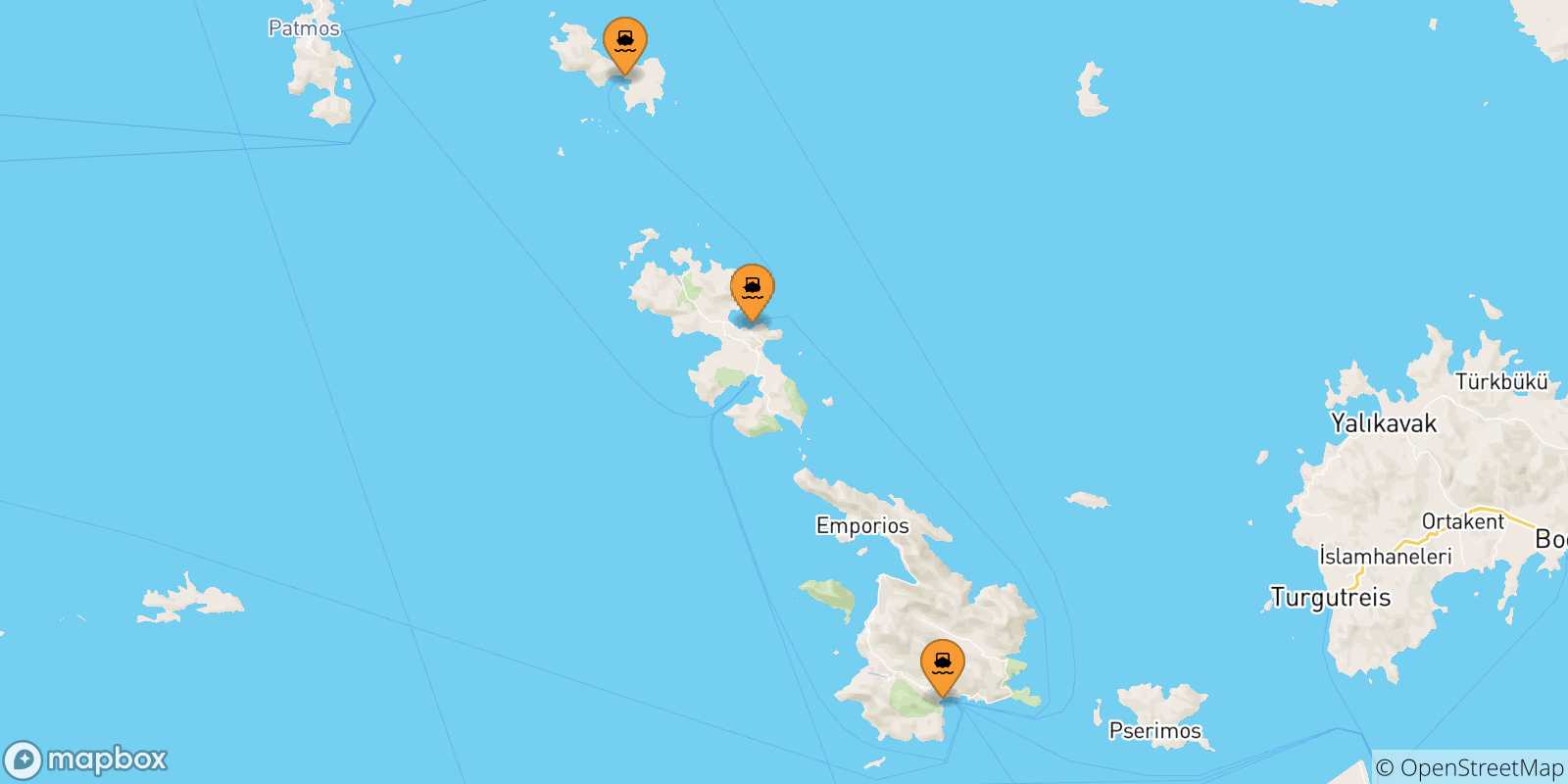 Mappa delle possibili rotte tra le Isole Dodecaneso e Mastihari (Kos)