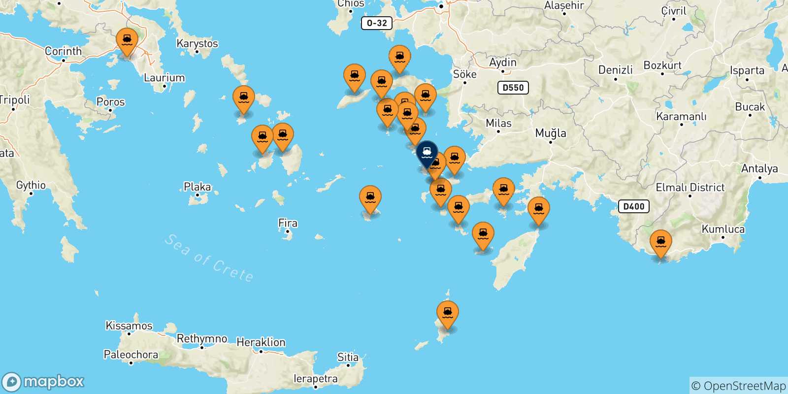 Mappa delle possibili rotte tra la Grecia e Kalymnos