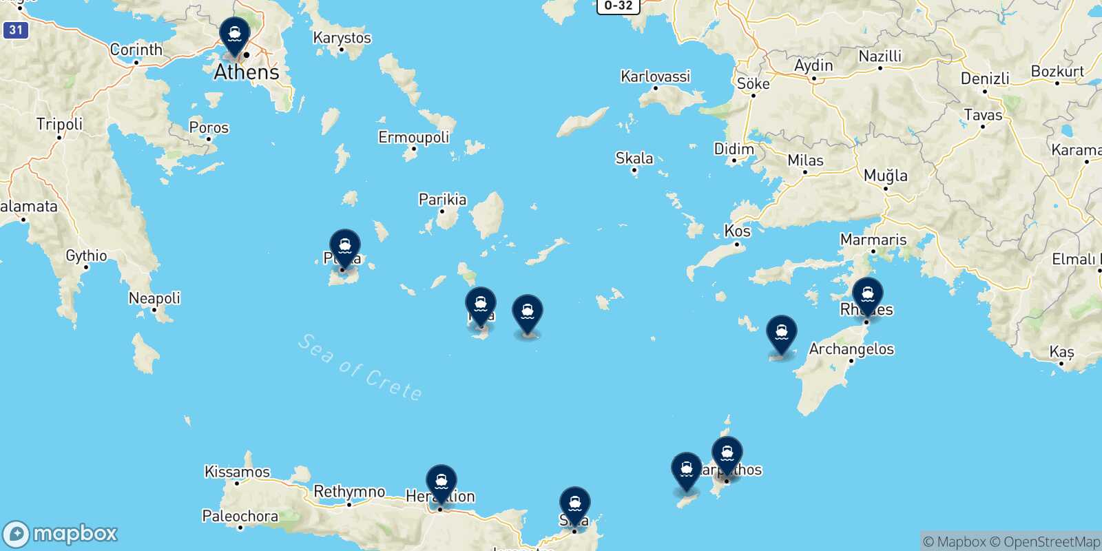 Mappa delle destinazioni raggiungibili da Diafani (Karpathos)