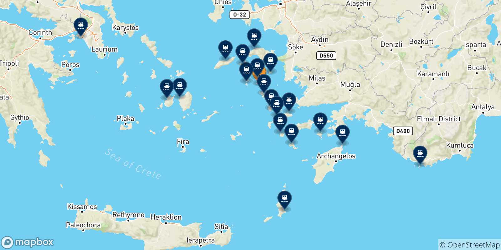 Mappa delle possibili rotte tra Lipsi e la Grecia