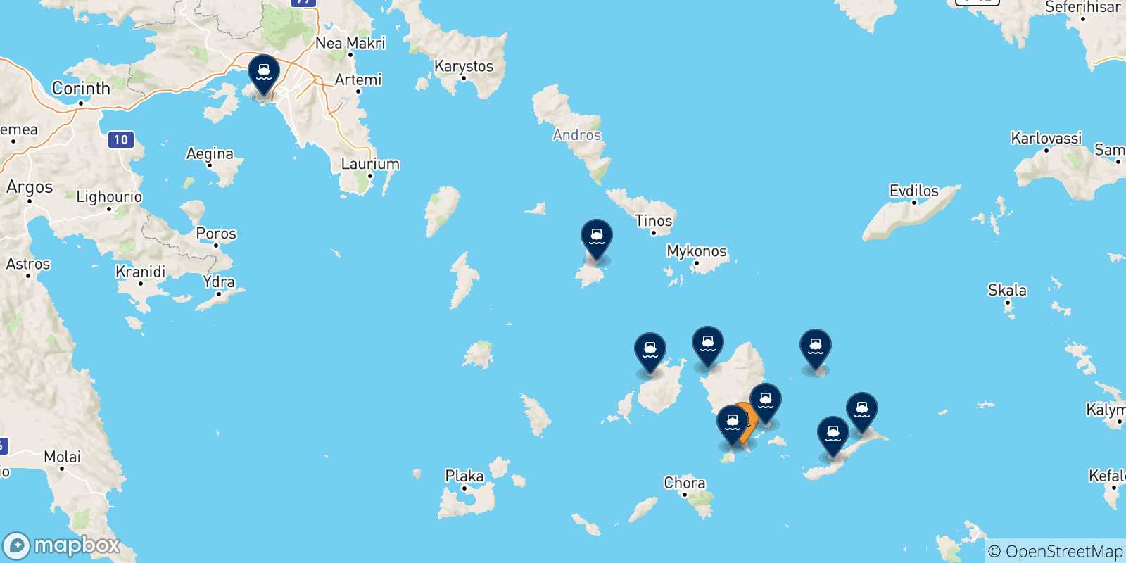 Mappa delle possibili rotte tra Schinoussa e la Grecia