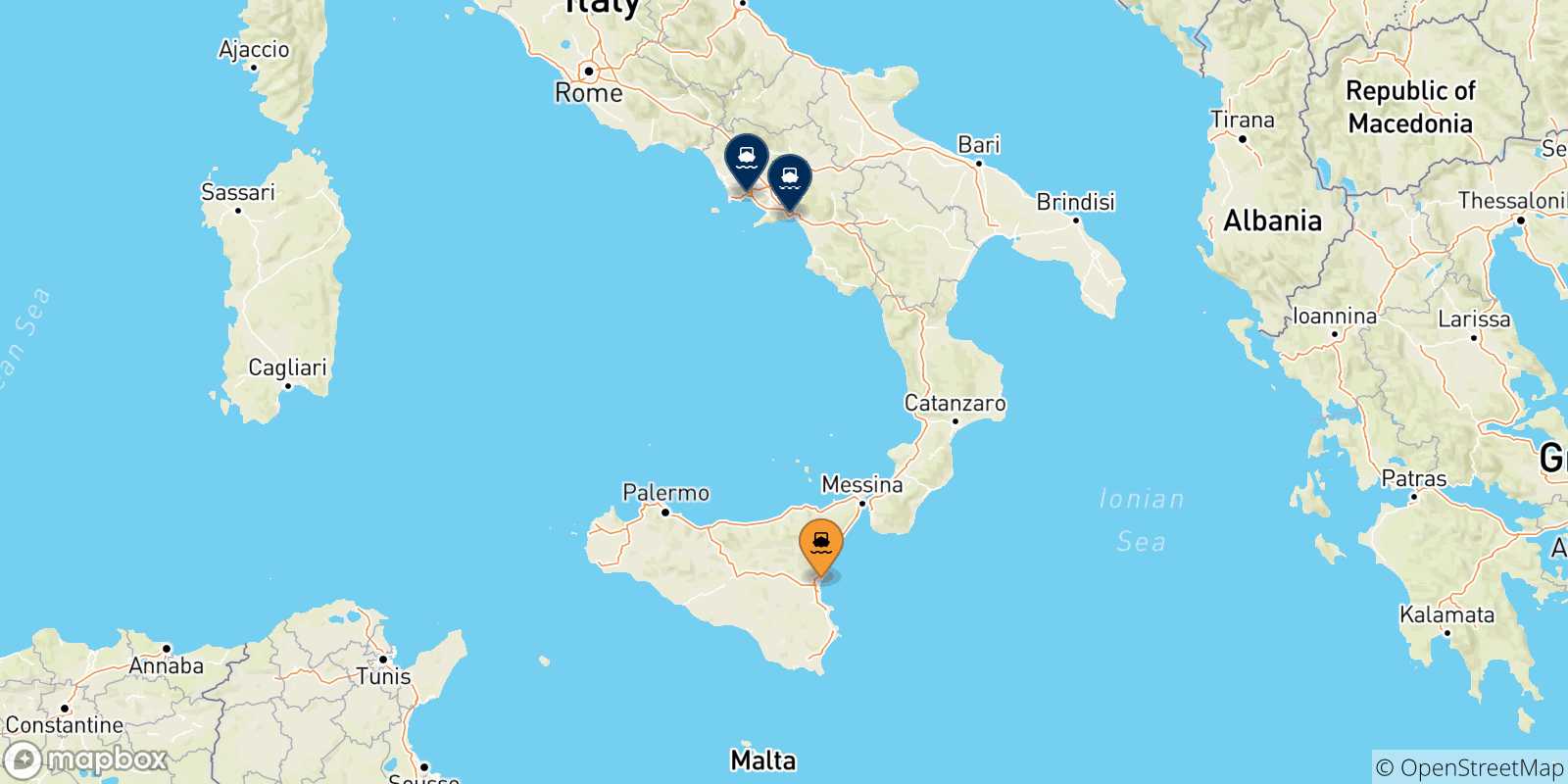 Mappa delle possibili rotte tra Catania e l'Italia