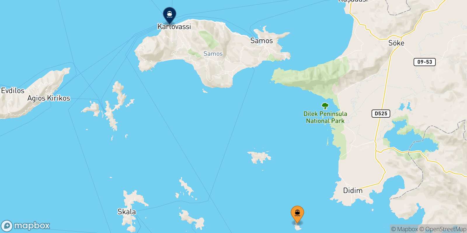 Mappa della rotta Farmakonisi Pythagorio (Samos)