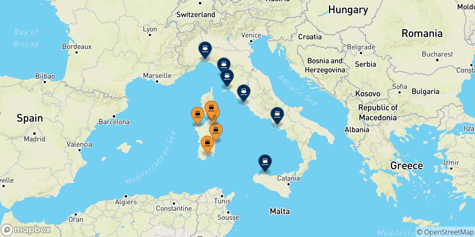 Mappa delle possibili rotte tra la Sardegna e l'Italia