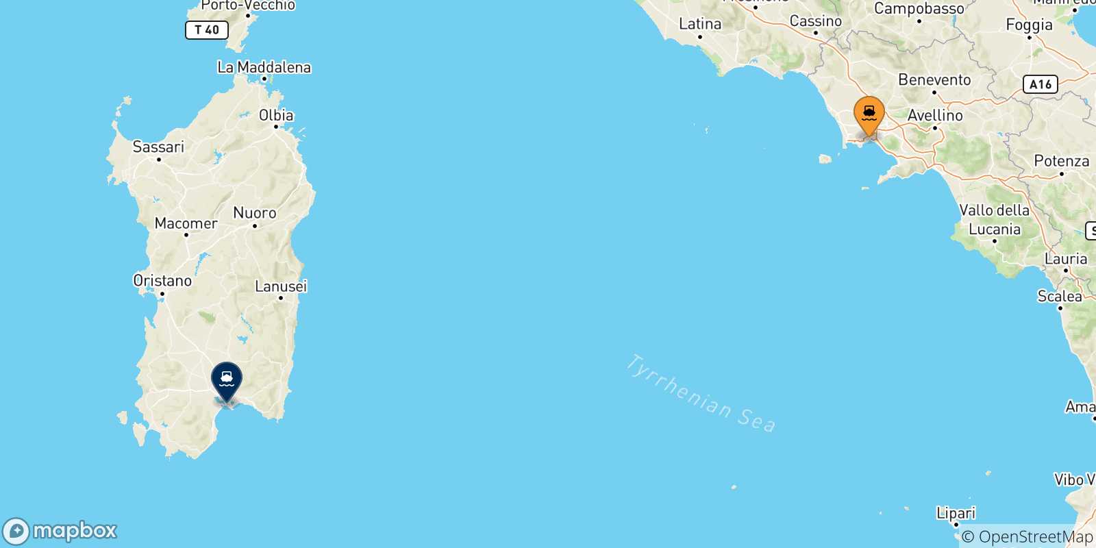 Mappa delle possibili rotte tra Napoli e la Sardegna