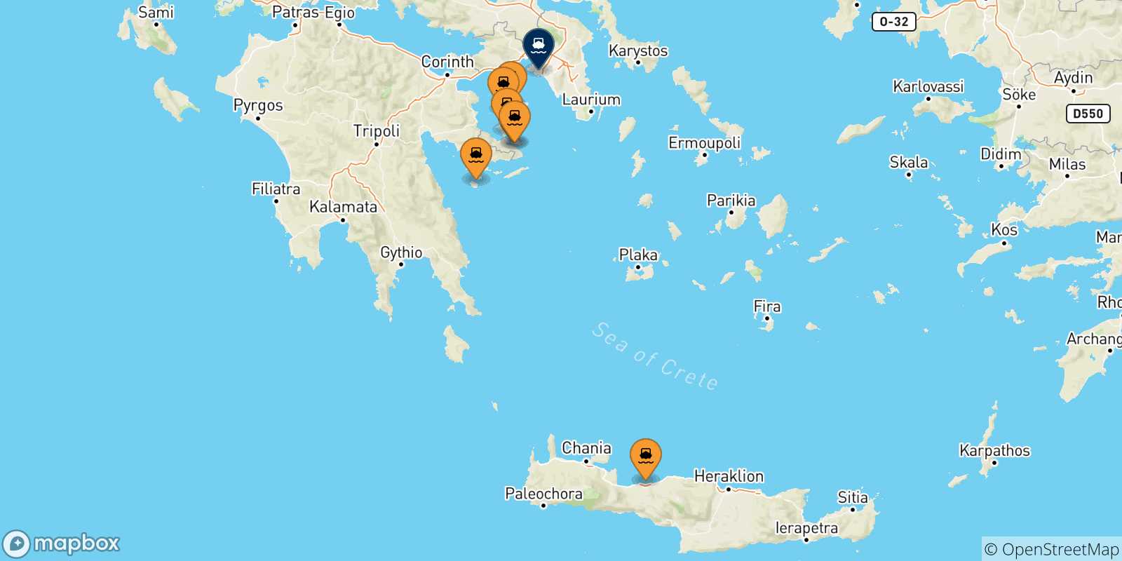 Mappa delle possibili rotte tra le Isole Saroniche e Pireo