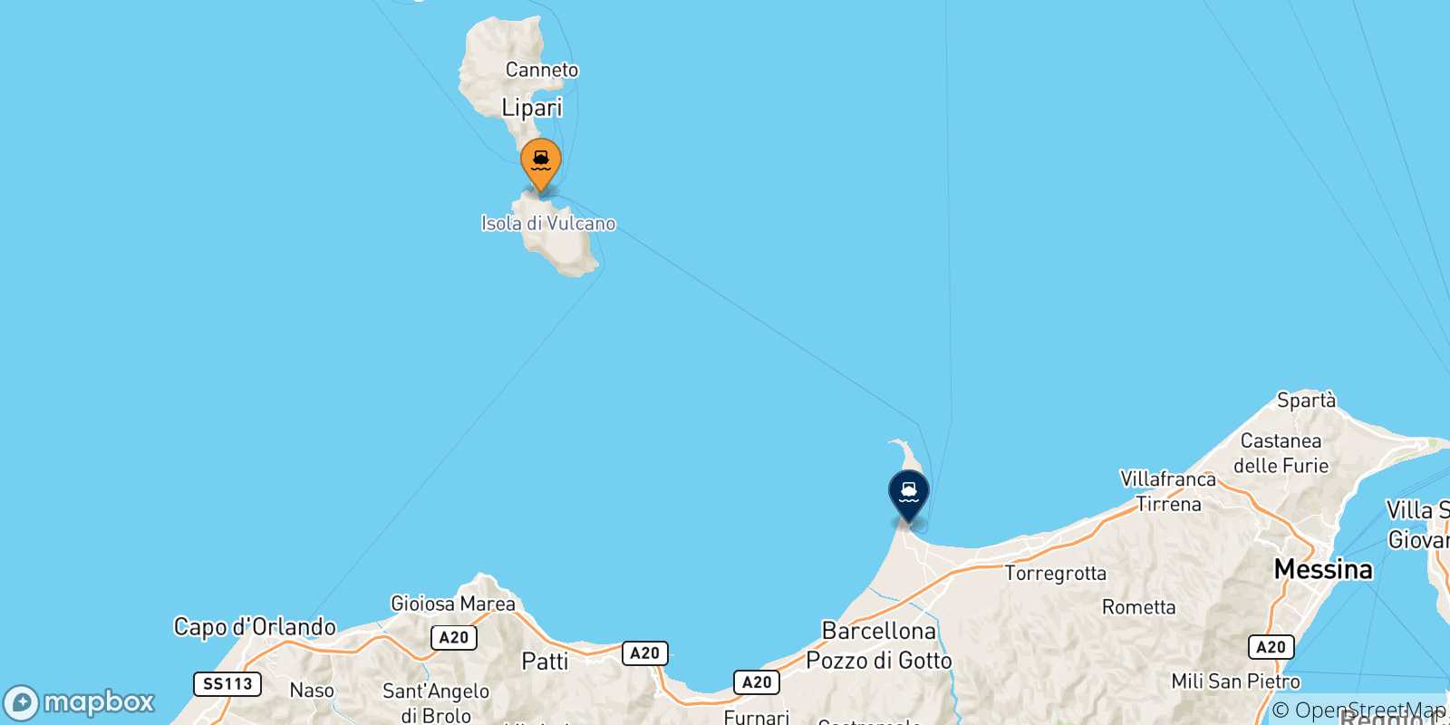 Mappa delle possibili rotte tra Vulcano e la Sicilia