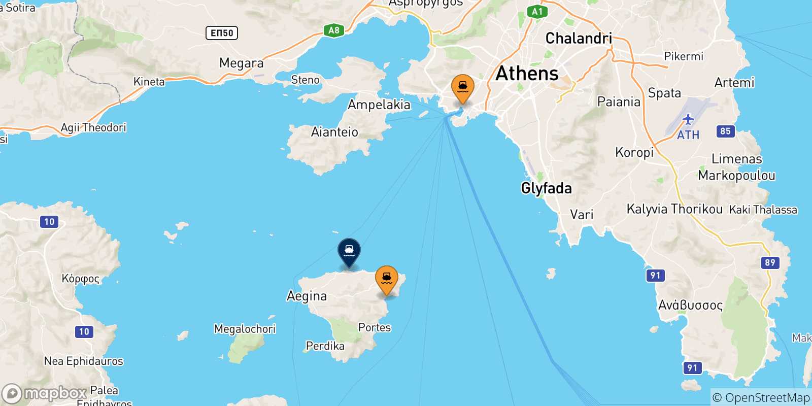 Mappa delle possibili rotte tra la Grecia e Souvala (Aegina)