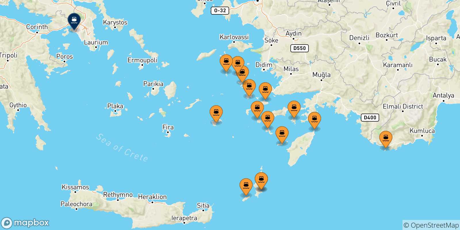 Mappa delle possibili rotte tra le Isole Dodecaneso e Pireo