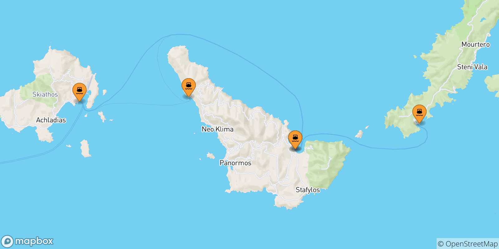 Mappa delle possibili rotte tra le Isole Sporadi e Skiathos