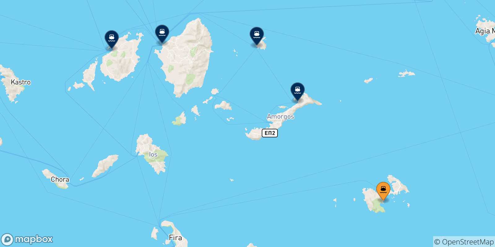 Mappa delle possibili rotte tra Astypalea e le Isole Cicladi