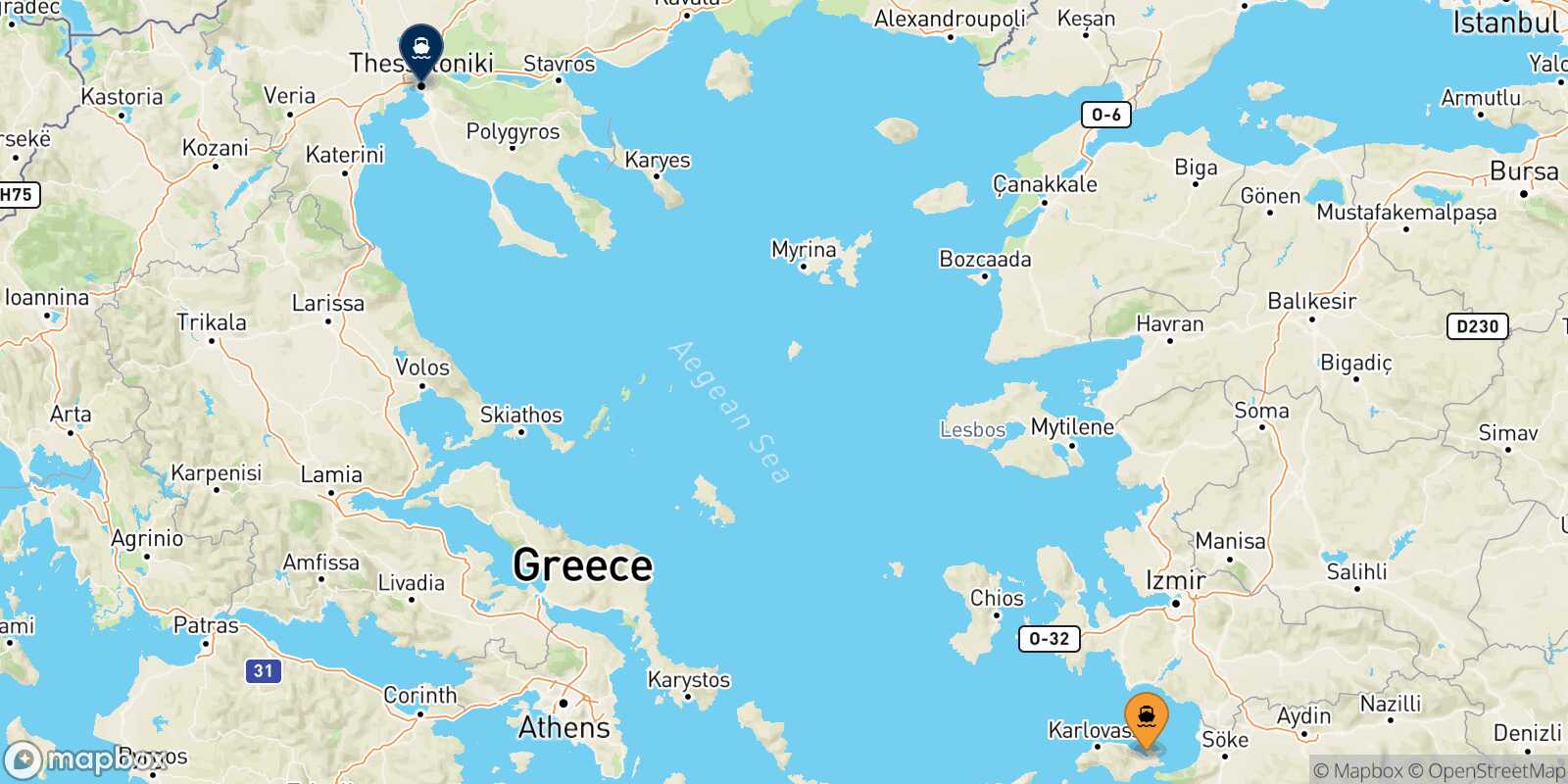 Mappa della rotta Vathi (Samos) Salonicco