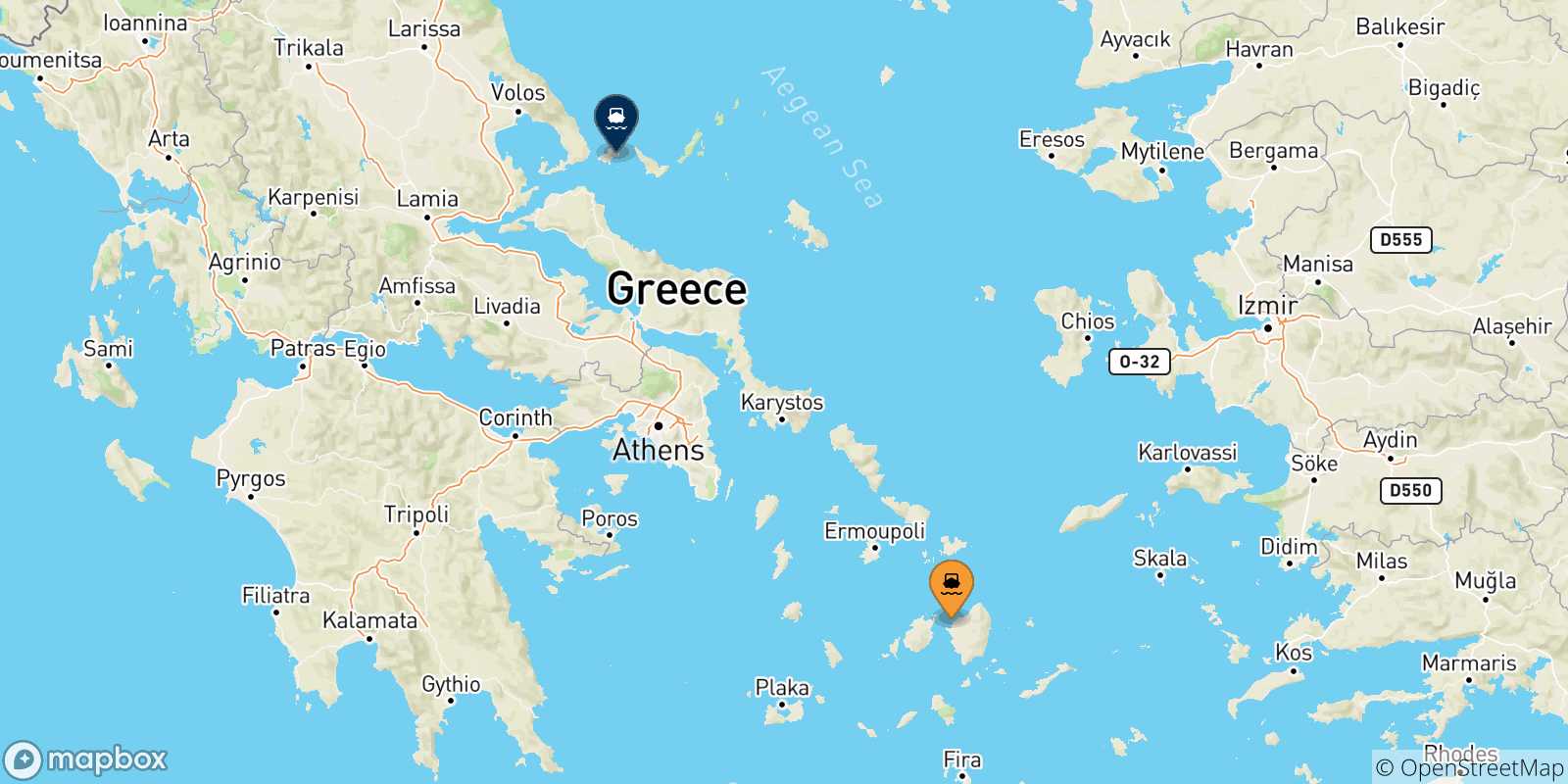 Mappa delle possibili rotte tra Naxos e le Isole Sporadi