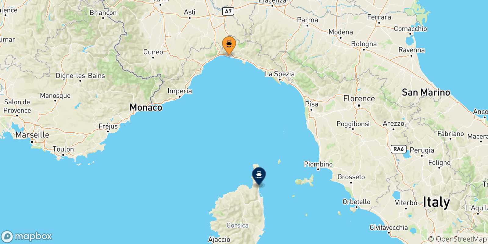 Mappa delle possibili rotte tra Genova e la Corsica