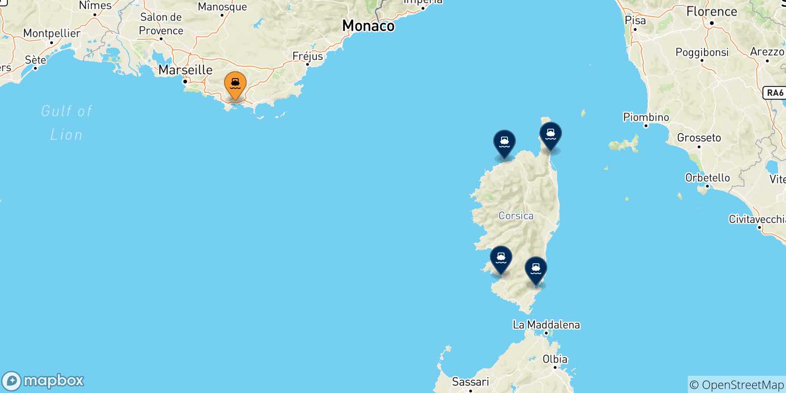 Mappa delle possibili rotte tra Tolone e la Corsica