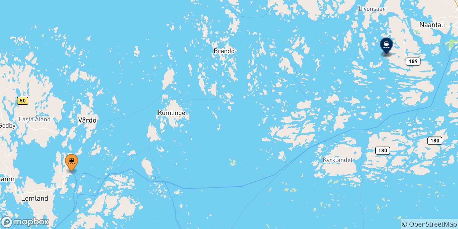 Mappa delle possibili rotte tra Långnäs e la Finlandia