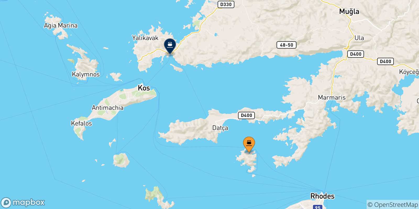 Mappa delle possibili rotte tra Symi e la Turchia